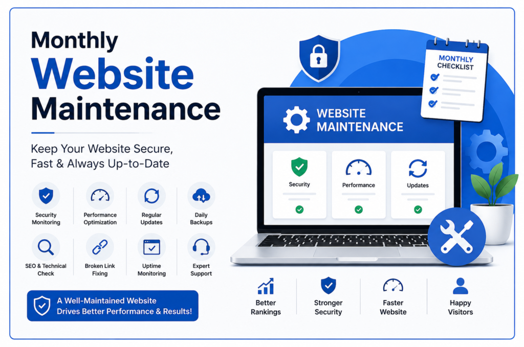 Monthly website maintenance illustration showing website security, performance optimization, regular updates, backups, SEO monitoring, and technical support.