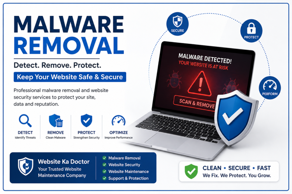 Malware removal service illustration showing website security, malware detection, website protection, and WordPress malware cleanup by Website Ka Doctor.